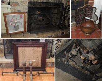 Fire Place decor: 2 antique andiron sets, copper coal bucket, large oversize screen, 3 framed screens, tools