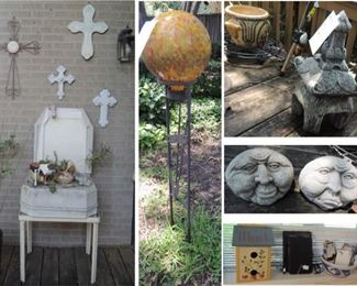 Wall crosses, garden spheres glass and cement, decorate rocks and figurines, bird houses, bird feeders, planters and planter stands