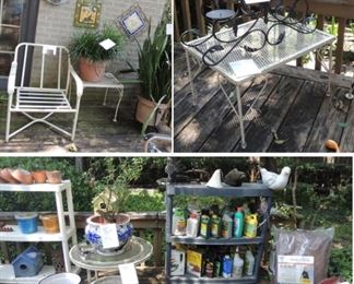 Lawn-garden items, tools and products, décor, cement bird baths, frogs, fish, pig, armadillo, fish and more
Plant and décor holders, happy/sad rocks, crosses, balls, planters and pots
Furniture: side tables – iron plant stands – candle holders – firewood holder
Large plants – yard tool-holder