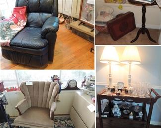 Bar cart, Clam back chairs. Wood plant pedestals, leather rocker recliner