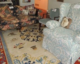 Ball-claw foot sofa, oversized new wingback chair. Large rugs