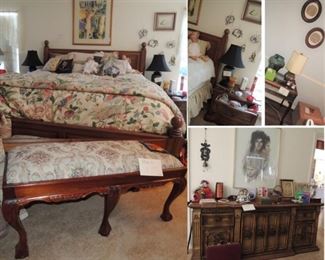 Oak king size bed with plush mattress, side tables, dressers, chests, lamps