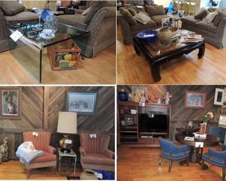 4-cushion sofa - together or split. Game table and chairs, 2 clam back chairs. Chrome glass side table, square coffee table