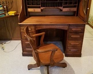 Antique roll top desk with chair