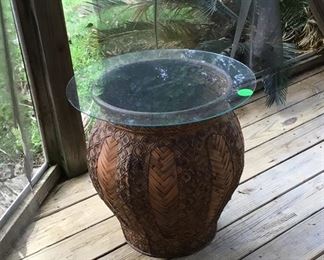 Metal pot with glass top.