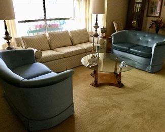blue velvet settee pair is in excellent condition 