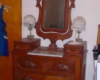 ANTIQUE MARBLE INSERT  DRESSER  CARVED PULLS VERY NICE 