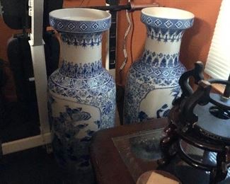 Pair of beautiful blue and white floor vases. These are over 3 ft high. 