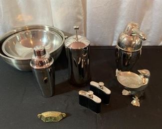 Stainless cocktail shakers, flasks, and more