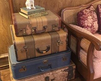 My favorite part of this sale is this wonderful old stack of antique suitcases !!