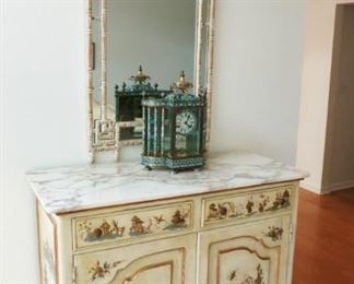 Asian cupboard w/ marble top, Asian style mirror, beautiful collectible cloisonne mantle/table top clock