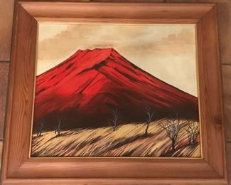 original oil on canvas Koko mid century bold red mountain 