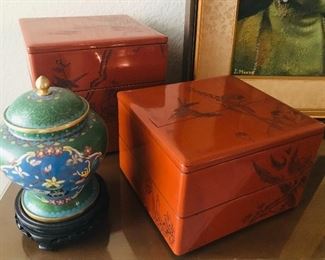old lacquered boxes, cloisonne vase