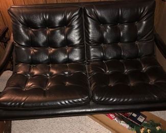 Mid Century Black Leather/Wood Couch