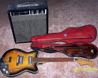 6 String electric guitar, amp and old violin