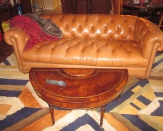 Edward Fields Vintage Rug Leather Top Half Moon Drop Leaf Table & Leather Chesterfield Sofa