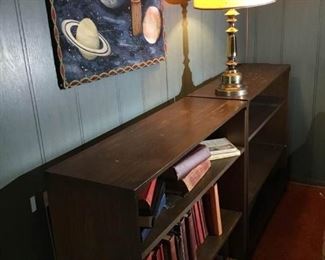 Two Wood Bookcases, Lamp, Hymnals, and Tapestry
