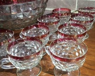 Vintage 13 Piece Set of Ruby Flash Indiana Glass Co. with Punch Bowl