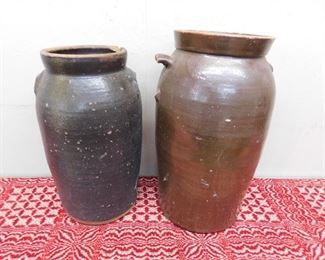 Two Early Pottery Churns(Right Side Brown Pottery Six Gallon N.C.)