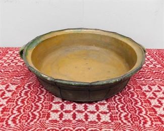 Large Early Pottery Bowl Held by Chicken Wire 