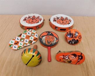 Old Tin Litho Halloween Noise Makers, Tambourines 