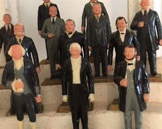 Set of the US Presidents, from Washington to LBJ, in painted plastic made in Japan, with original styrofoam stair stepped stand and four columns, by Marx