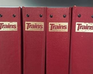 Several 3-ring binders containing the 12 months of issued TRAINS magazines: 1981-1989, 1991-1997