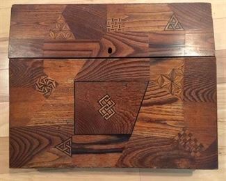 Artist "Yosegi" box from Japan with various wood marquetry and carvings, hinged to open to inner compartments with lids 