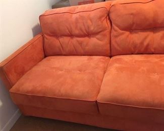 Mid-Century style standard-size sleep sofa in orange suede