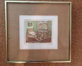 Framed original etching, hand-colored, numbered, signed and titled: #146/200, "Morning", by Wisconsin artist Susan Hunt-Wulkowicz