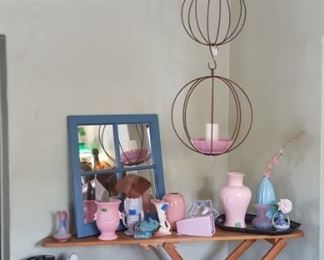 vases, statues, mirror, garden iron orb, vintage ironing board. vintage pottery