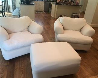 Two super comfy white club chairs w shared ottoman. All for  $795