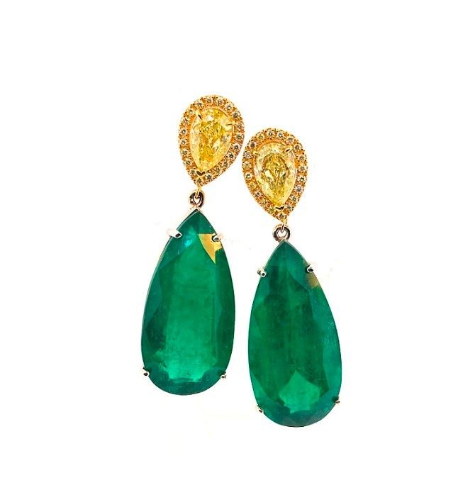 Lot 928 Emerald  Fancy Yellow Diamond Earrings