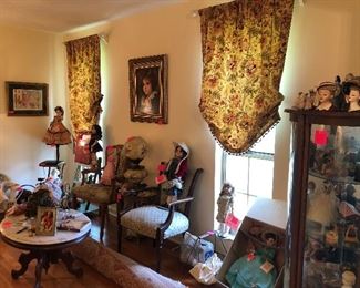 vintage arm chairs, vintage dolls, curio cabinet