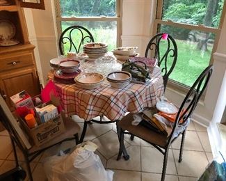 glass top kitchen table and chairs, miscellaneous bowls