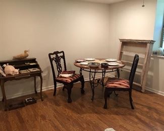 small secretary desk, small kitchen table, wooden shelf/plate rack/display shelf