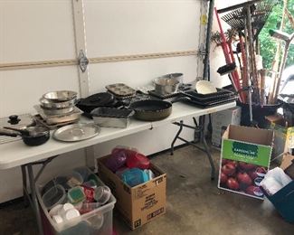 plastic containers, gardening tools, bakeware