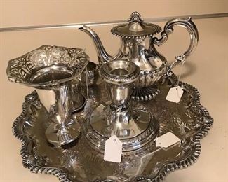 Antique Sterling Silver Teapot handed down from Great Greatmother.  Antique silver vase, candle holder