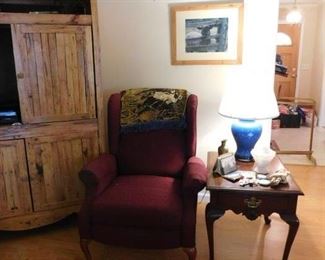 Mahogany Queen Anne Lamp Table, Entertainment Center, Wing Recliner