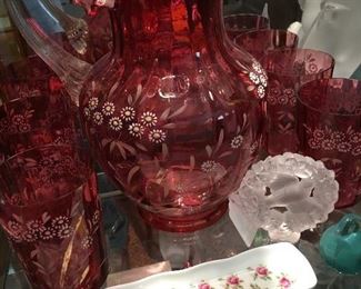 Lovely cranberry pitcher and 4 glasses