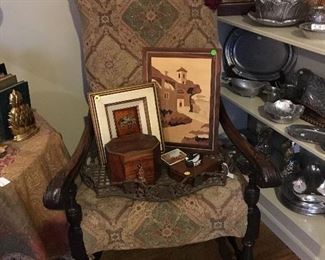 King's upholstered chair and pewter items