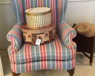 Upholstered bedroom chair with hat boxes