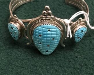 Carved turquoise and sterling corn theme bracelet
