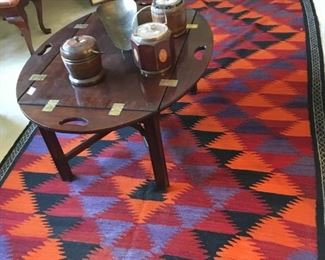 Hand loomed rug with table and 3 antique humidors