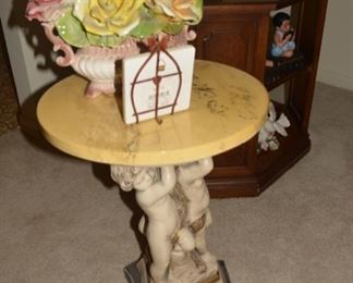Vintage Chalk Cherub Table with Marble Top