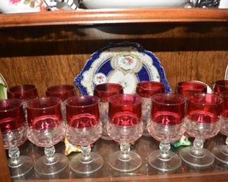 Ruby Flash Stemware, Antique Hand Painted Dishes