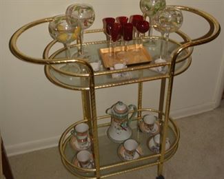 Mid Century Gold/Brass Bar Cart, Occupied Japan Tea Set