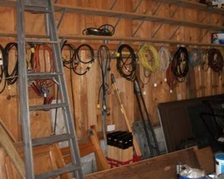 ladder, cords, tools, cabinet doors