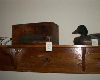 Corned beef wood box and duck decoy