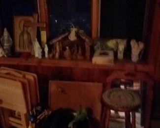 Vintage nativity scene.  Various religious pictures, bible.
Wooden TV tray set
Basket of purses
Mirror